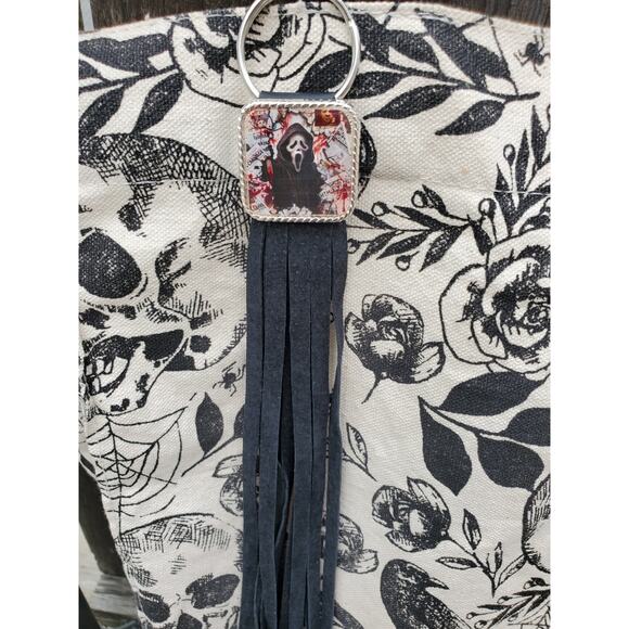 Handmade Halloween horror Leather Fringe purse bag charm keychain spooky vibes - Picture 1 of 4